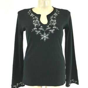 MODODOC Top MED Black T Shirt‎ Velvet Trim White Bead Metallic Bell Sl Stretch